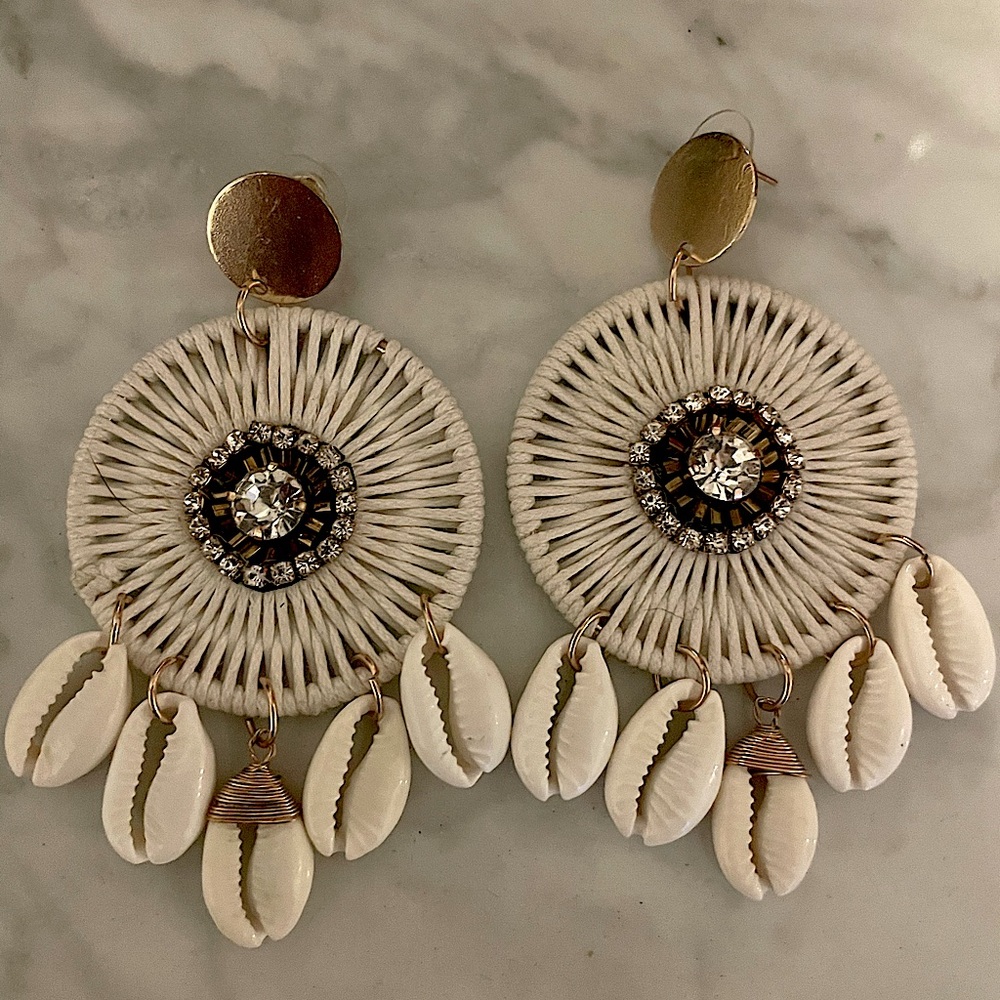 Gold & Shell Woven Cabana Earrings, pierced